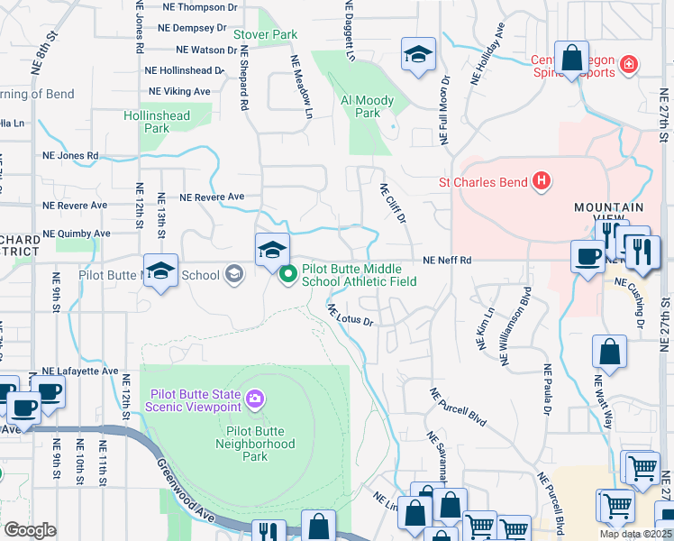map of restaurants, bars, coffee shops, grocery stores, and more near 1518 Northeast F J Mcclean Court in Bend