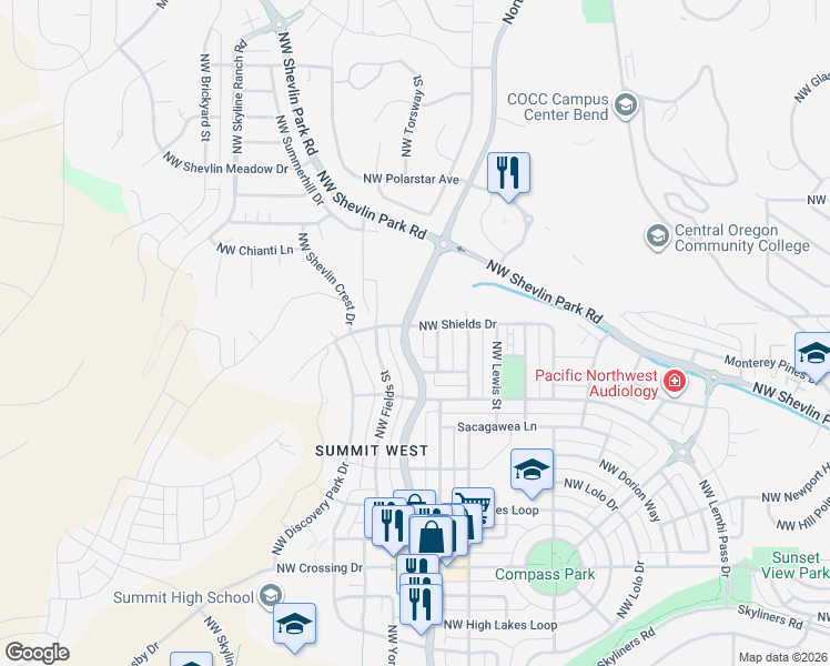 map of restaurants, bars, coffee shops, grocery stores, and more near 2679 Northwest Shields Drive in Bend
