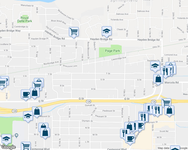 map of restaurants, bars, coffee shops, grocery stores, and more near 1265 T Street in Springfield