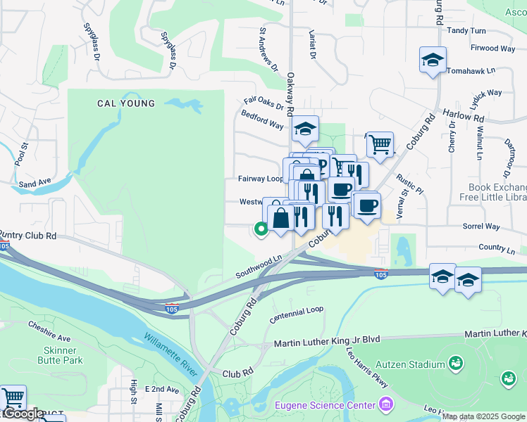map of restaurants, bars, coffee shops, grocery stores, and more near 2160 Westwood Lane in Eugene