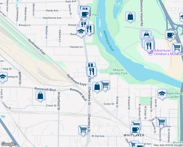 map of restaurants, bars, coffee shops, grocery stores, and more near 325 River Road in Eugene
