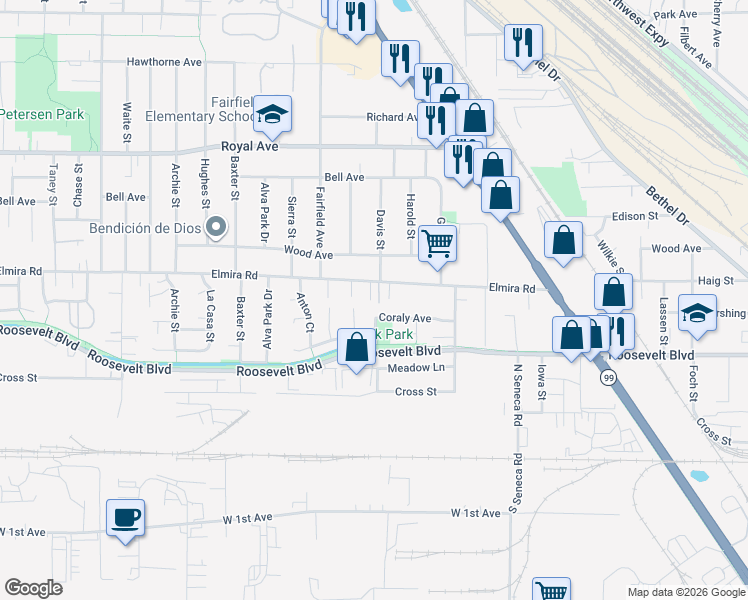 map of restaurants, bars, coffee shops, grocery stores, and more near 3311 Coraly Avenue in Eugene