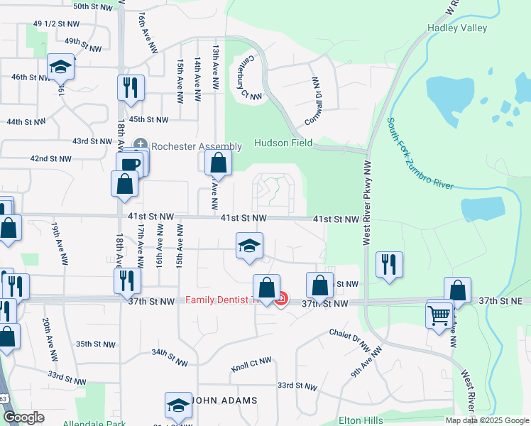 map of restaurants, bars, coffee shops, grocery stores, and more near 941 41st Street Northwest in Rochester