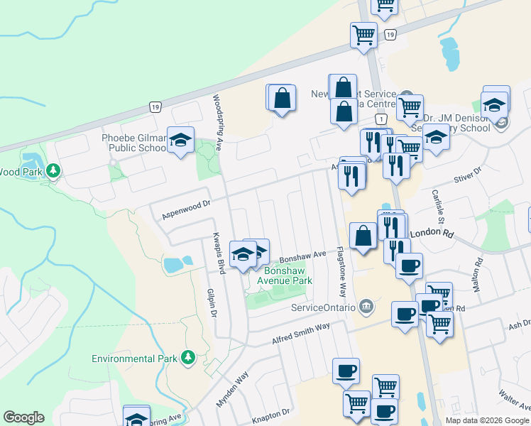 map of restaurants, bars, coffee shops, grocery stores, and more near 383 Wood Duck Lane in Newmarket