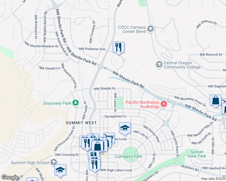 map of restaurants, bars, coffee shops, grocery stores, and more near 1683 Northwest Lewis Street in Bend