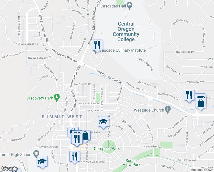 map of restaurants, bars, coffee shops, grocery stores, and more near 2503 Northwest Shields Drive in Bend