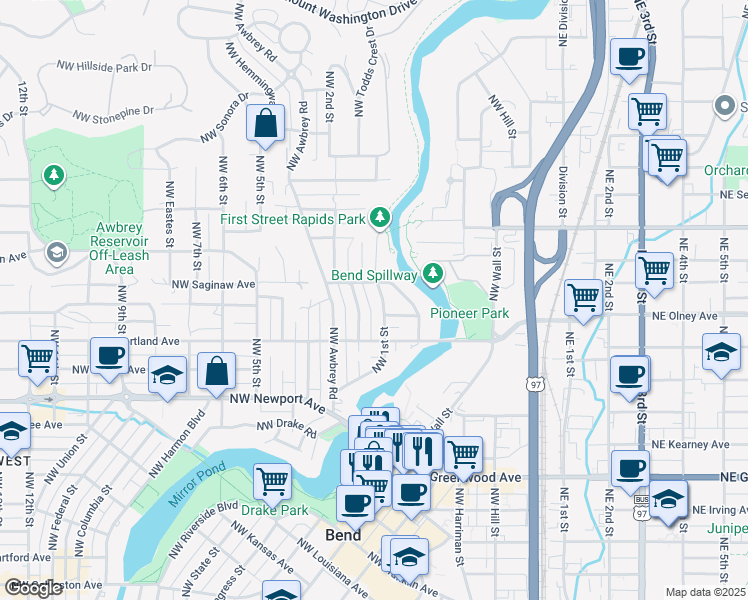 map of restaurants, bars, coffee shops, grocery stores, and more near 1727 Northwest 1st Street in Bend