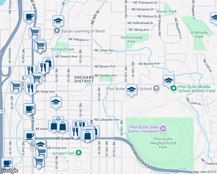 map of restaurants, bars, coffee shops, grocery stores, and more near 1530 Northeast 10th Street in Bend