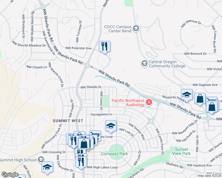 map of restaurants, bars, coffee shops, grocery stores, and more near 2503 Northwest Shields Drive in Bend