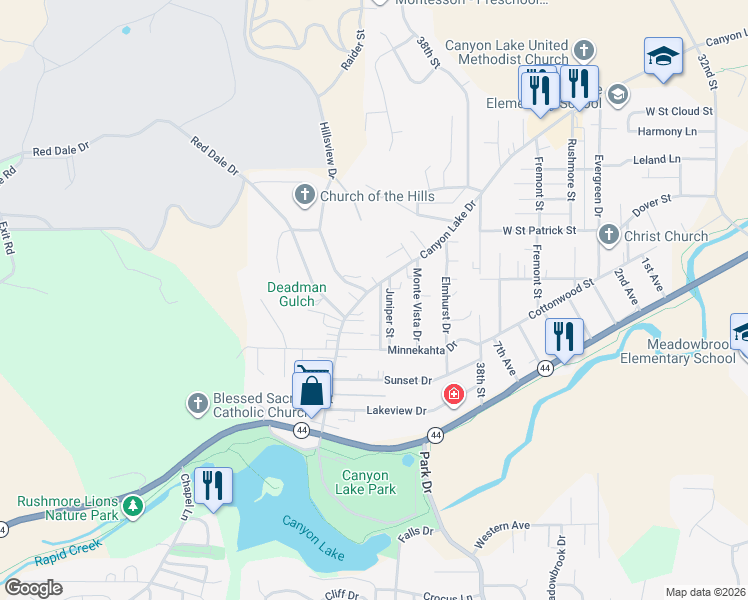 map of restaurants, bars, coffee shops, grocery stores, and more near 2015 Forest St in Rapid City