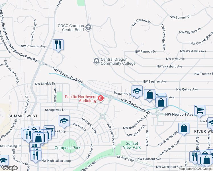 map of restaurants, bars, coffee shops, grocery stores, and more near 2249 Northwest Torrey Pines Drive in Bend