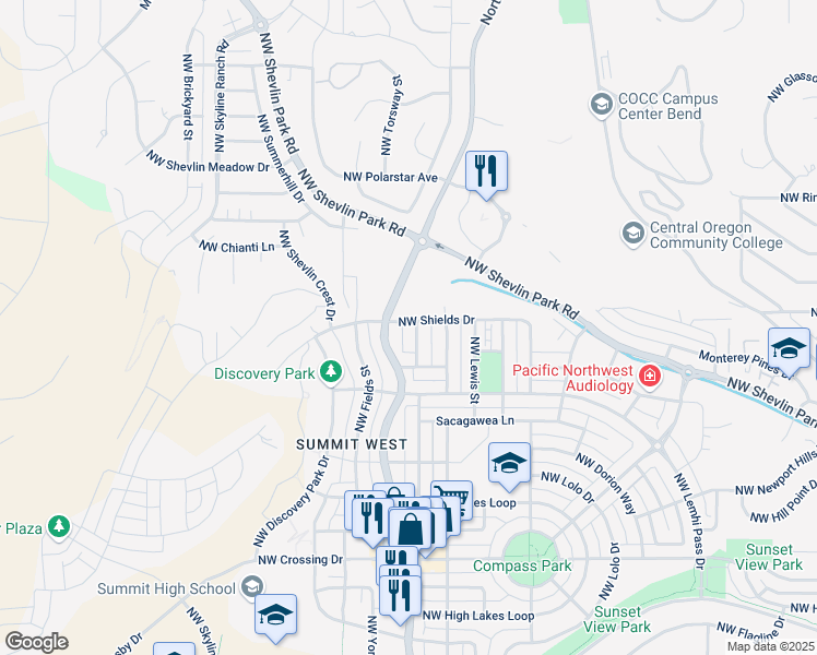 map of restaurants, bars, coffee shops, grocery stores, and more near 2679 Northwest Shields Drive in Bend