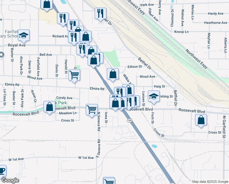 map of restaurants, bars, coffee shops, grocery stores, and more near 367 State Highway 99 North in Eugene