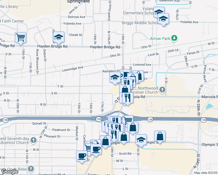 map of restaurants, bars, coffee shops, grocery stores, and more near 1745 T Street in Springfield