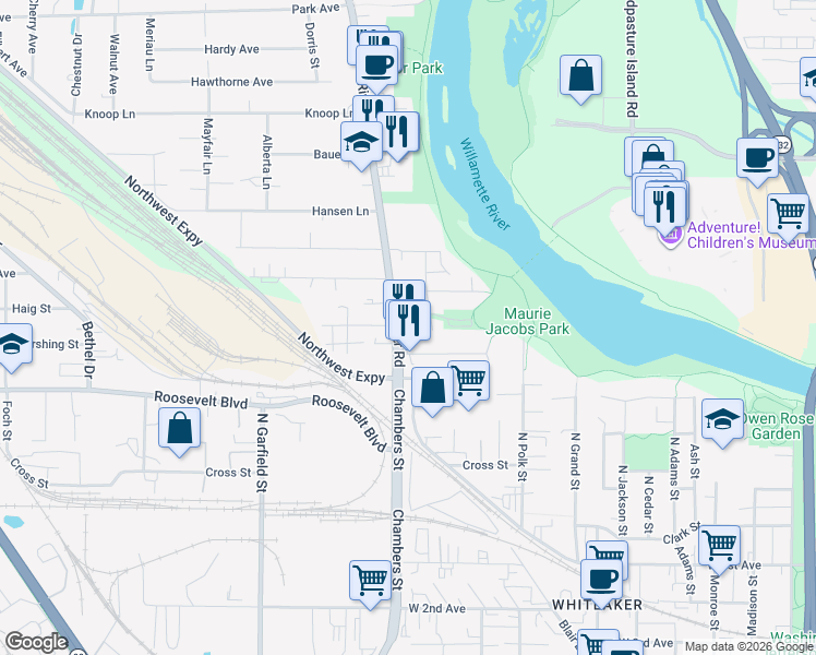 map of restaurants, bars, coffee shops, grocery stores, and more near 325 River Road in Eugene