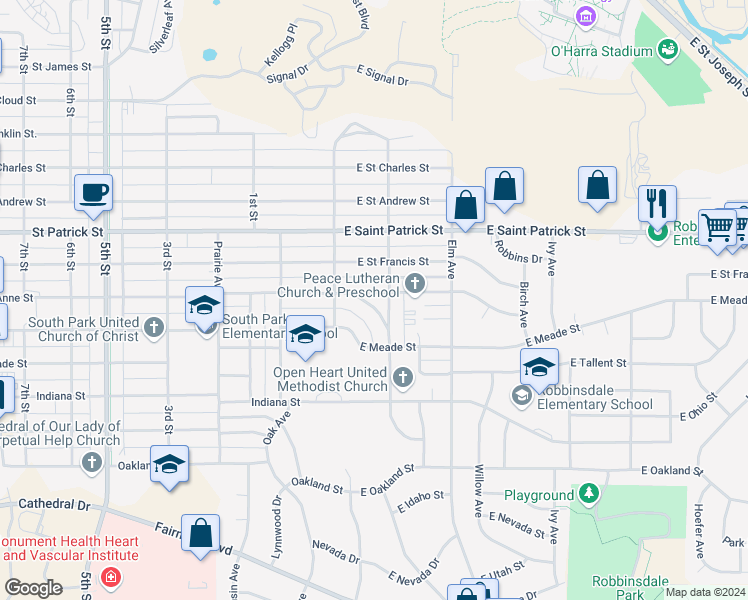 map of restaurants, bars, coffee shops, grocery stores, and more near 116 Grand Boulevard in Rapid City