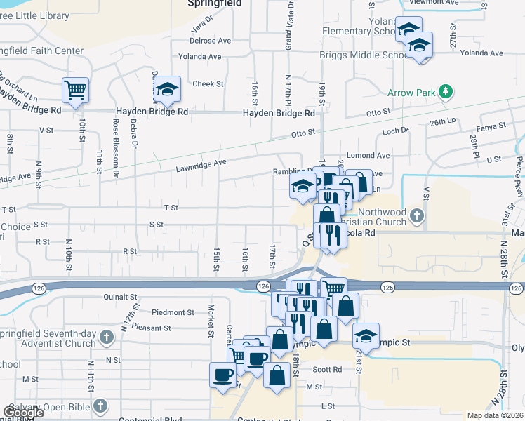 map of restaurants, bars, coffee shops, grocery stores, and more near 2038 17th Street in Springfield