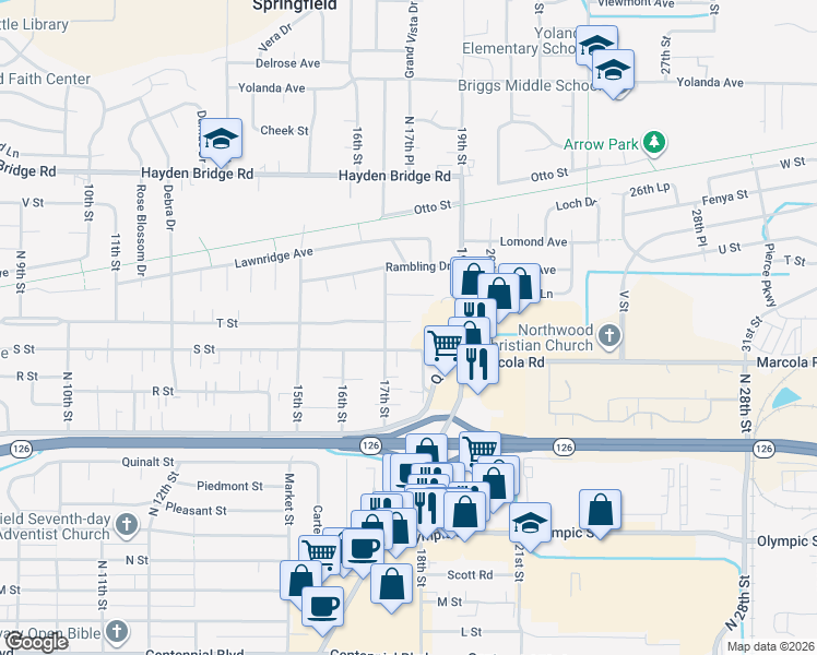 map of restaurants, bars, coffee shops, grocery stores, and more near 1745 T Street in Springfield