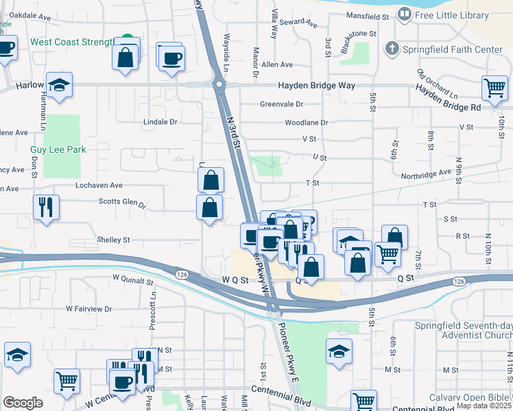 map of restaurants, bars, coffee shops, grocery stores, and more near 41 Shady Loop in Springfield