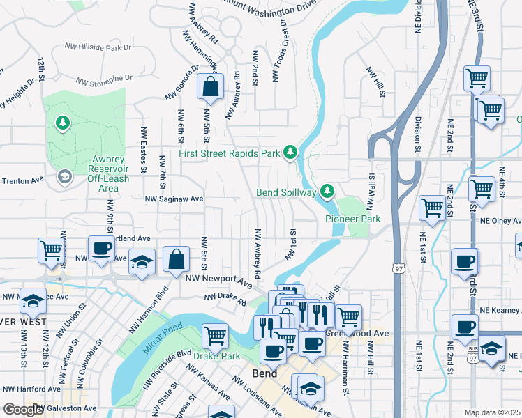 map of restaurants, bars, coffee shops, grocery stores, and more near 1806 Northwest Awbrey Road in Bend