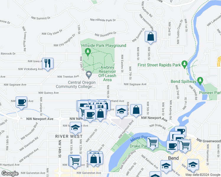 map of restaurants, bars, coffee shops, grocery stores, and more near 1700 Northwest 9th Street in Bend