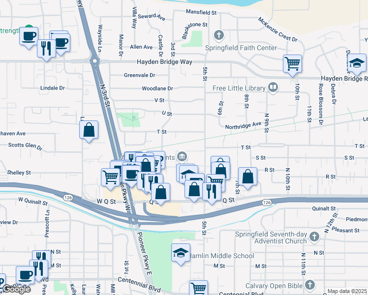 map of restaurants, bars, coffee shops, grocery stores, and more near 346 S Street in Springfield