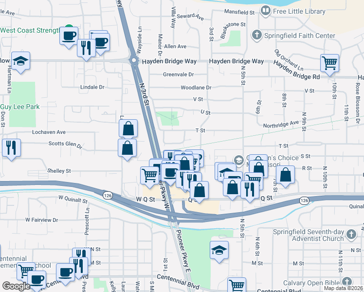 map of restaurants, bars, coffee shops, grocery stores, and more near 77 Shady Loop in Springfield