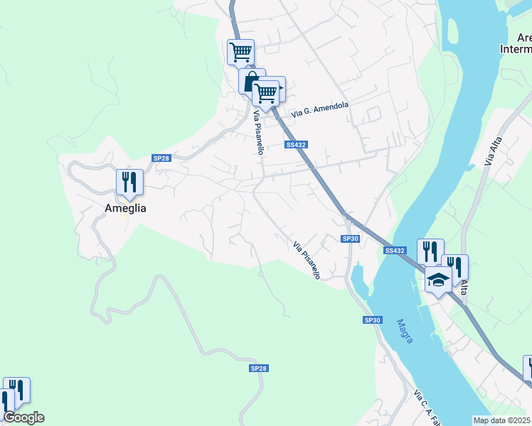 map of restaurants, bars, coffee shops, grocery stores, and more near 113-115 Via Pisanello in Ameglia