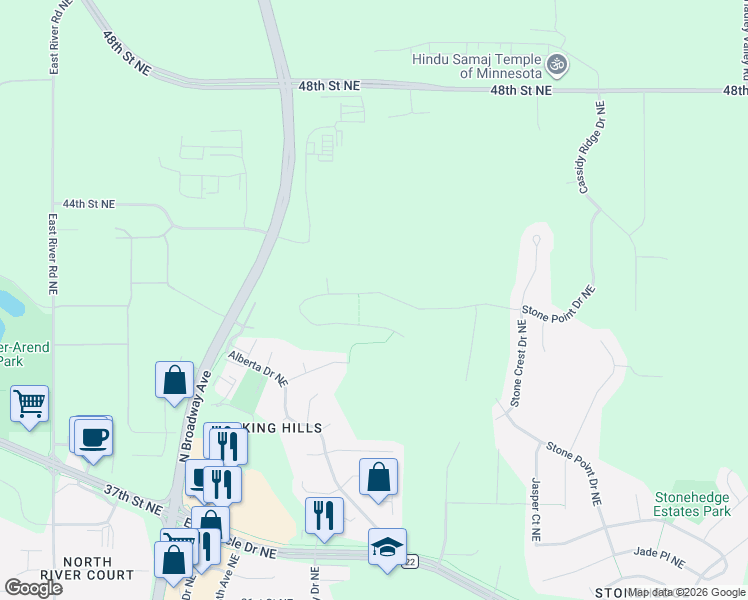 map of restaurants, bars, coffee shops, grocery stores, and more near 4044 Stone Point Drive Northeast in Rochester