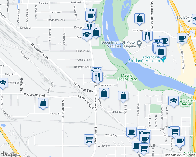 map of restaurants, bars, coffee shops, grocery stores, and more near 325 River Road in Eugene