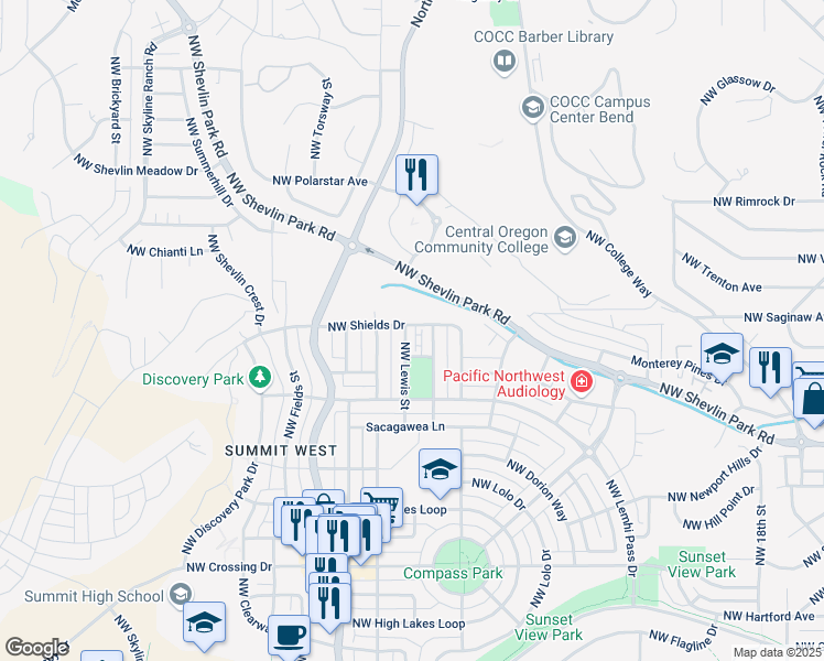 map of restaurants, bars, coffee shops, grocery stores, and more near 2579 Northwest Shields Drive in Bend