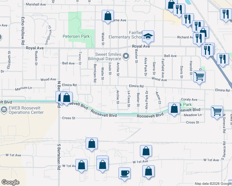 map of restaurants, bars, coffee shops, grocery stores, and more near 382 La Casa Street in Eugene