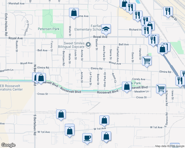 map of restaurants, bars, coffee shops, grocery stores, and more near 369 La Casa Street in Eugene