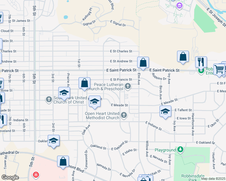 map of restaurants, bars, coffee shops, grocery stores, and more near 116 Grand Boulevard in Rapid City