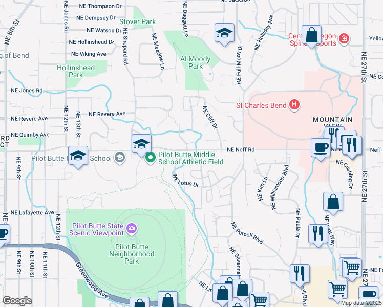 map of restaurants, bars, coffee shops, grocery stores, and more near 1679 Northeast Lotus Drive in Bend