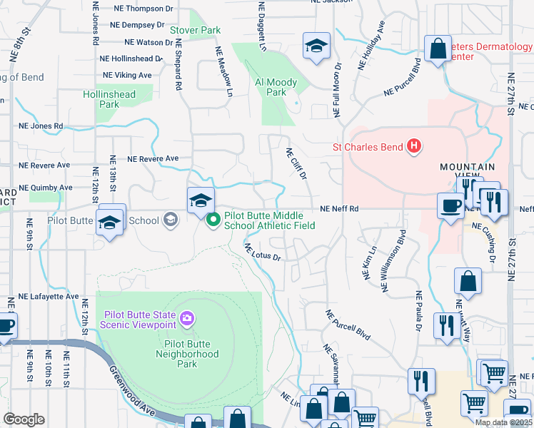 map of restaurants, bars, coffee shops, grocery stores, and more near 1679 Northeast Lotus Drive in Bend