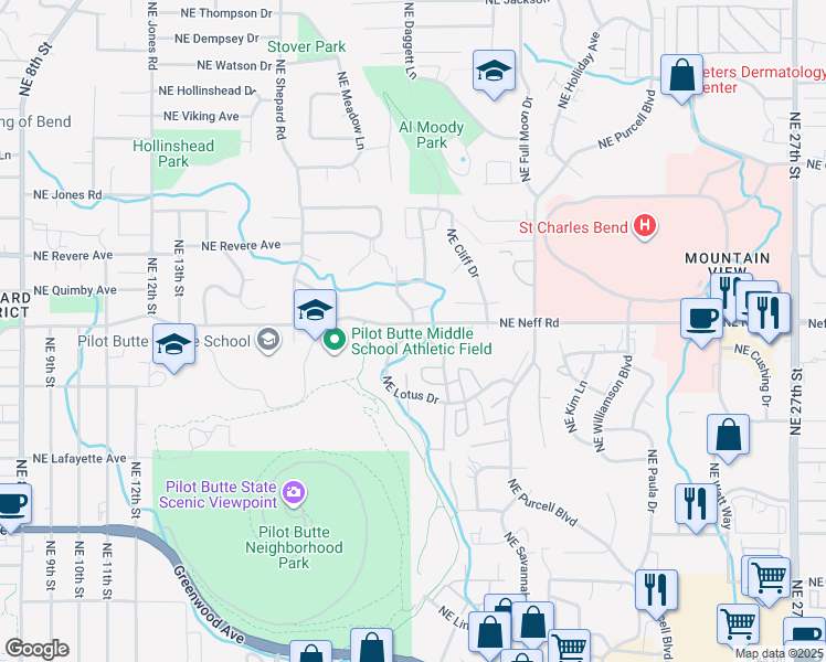 map of restaurants, bars, coffee shops, grocery stores, and more near 1679 Northeast Lotus Drive in Bend