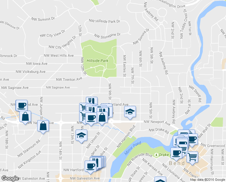 map of restaurants, bars, coffee shops, grocery stores, and more near 1700 Northwest 9th Street in Bend