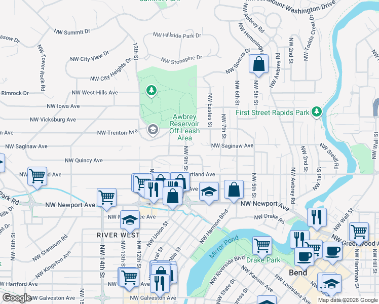 map of restaurants, bars, coffee shops, grocery stores, and more near 1700 Northwest 9th Street in Bend