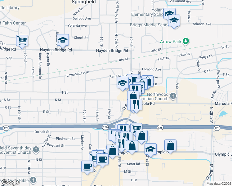 map of restaurants, bars, coffee shops, grocery stores, and more near 1745 T Street in Springfield