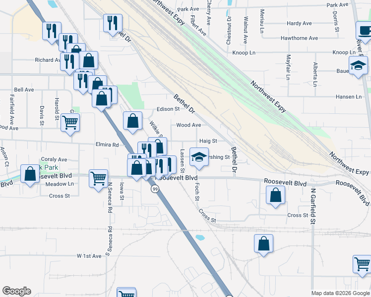 map of restaurants, bars, coffee shops, grocery stores, and more near 345 Lassen Street in Eugene