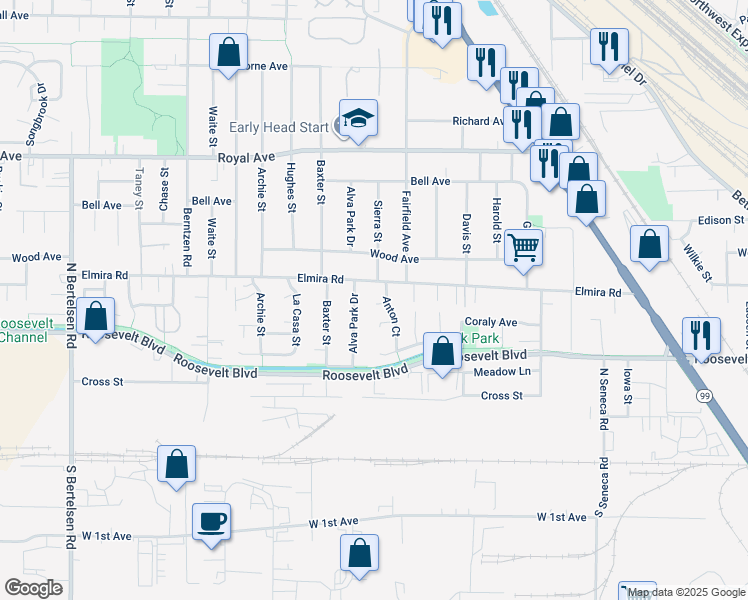 map of restaurants, bars, coffee shops, grocery stores, and more near 344 Anton Court in Eugene