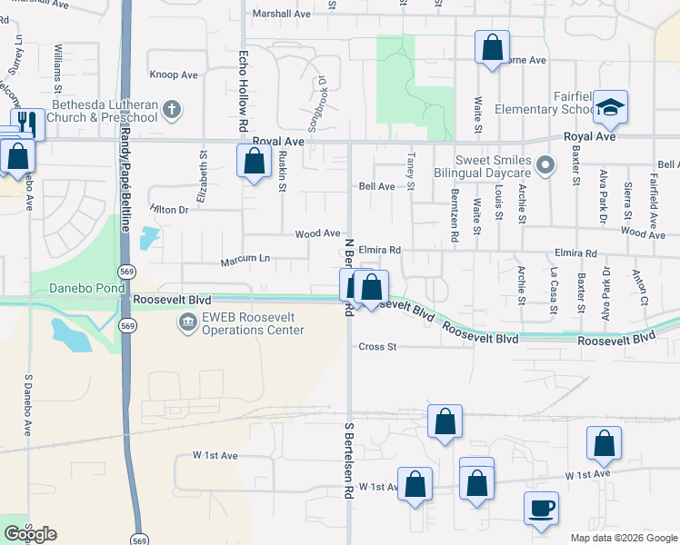 map of restaurants, bars, coffee shops, grocery stores, and more near 352 North Bertelsen Road in Eugene