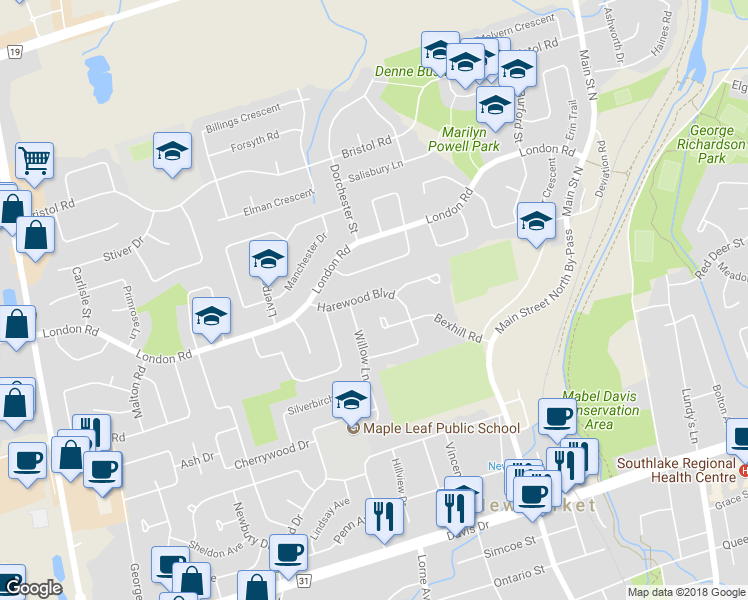map of restaurants, bars, coffee shops, grocery stores, and more near in Newmarket