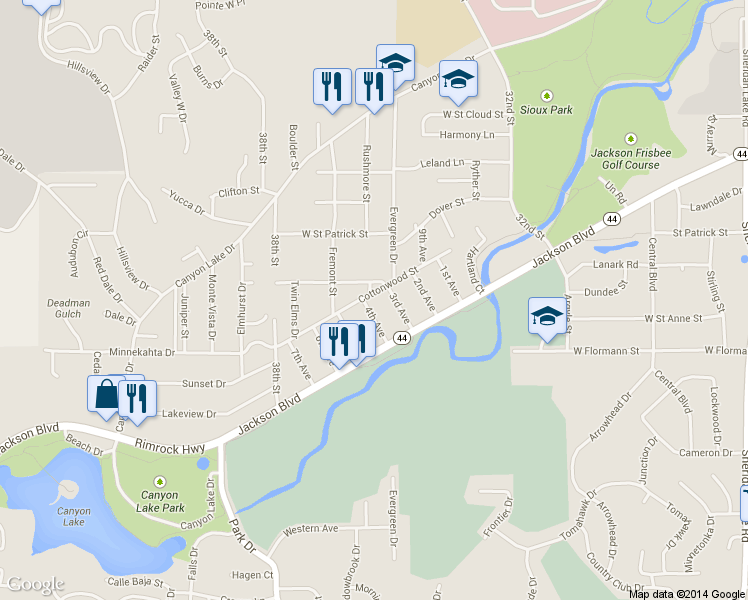map of restaurants, bars, coffee shops, grocery stores, and more near 2102 4th Avenue in Rapid City