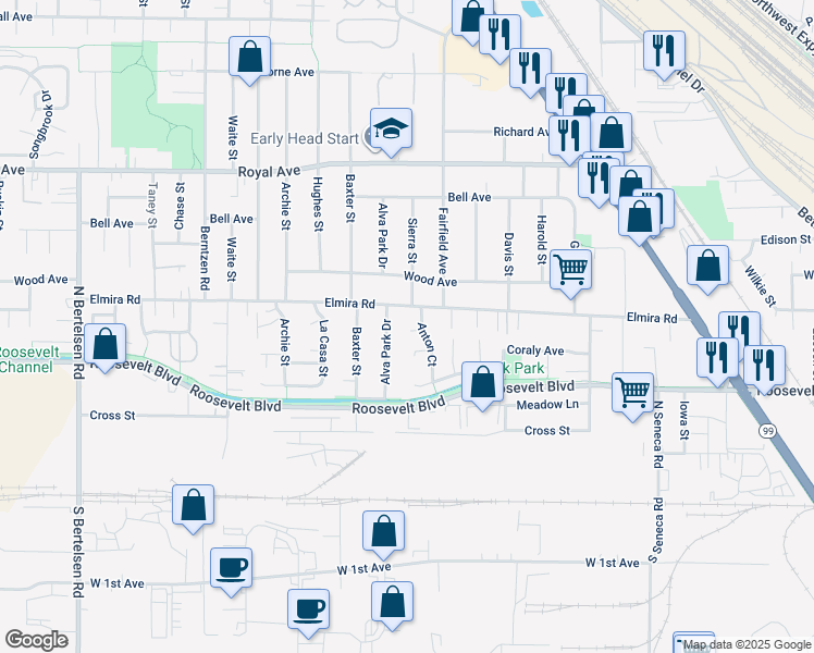 map of restaurants, bars, coffee shops, grocery stores, and more near 344 Anton Court in Eugene