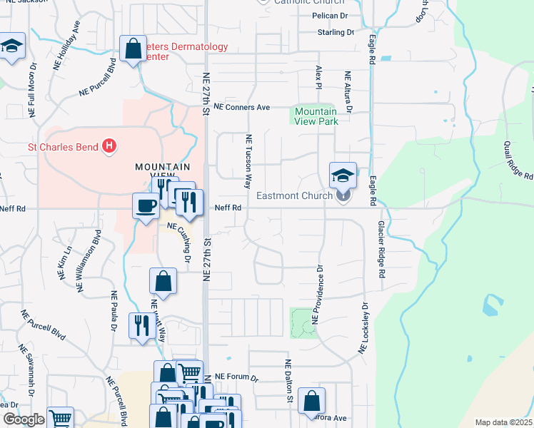 map of restaurants, bars, coffee shops, grocery stores, and more near 2966 Northeast Worthington Court in Bend