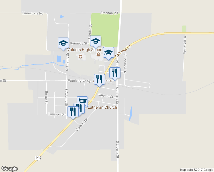 map of restaurants, bars, coffee shops, grocery stores, and more near 146 Mckinley Street in Valders