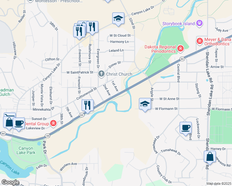 map of restaurants, bars, coffee shops, grocery stores, and more near 3312 Jackson Boulevard in Rapid City