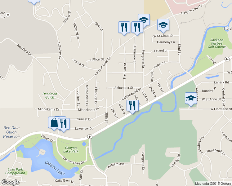 map of restaurants, bars, coffee shops, grocery stores, and more near 2016 Twin Elms Drive in Rapid City